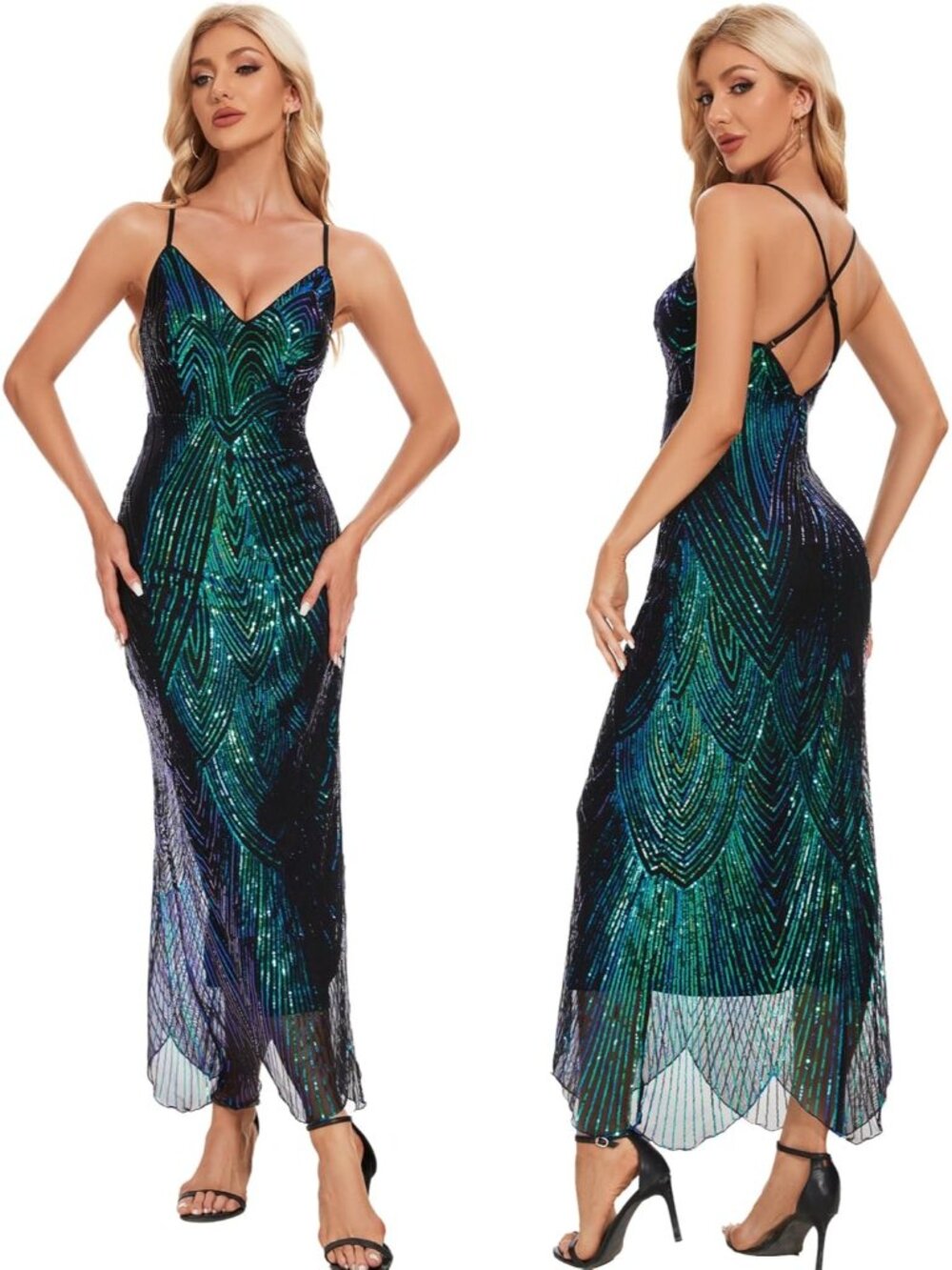Women's Green Blue V Neck Spaghetti Straps Sparkly Glitter Backless Maxi Dress